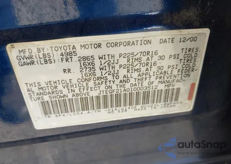 2001 Toyota Highlander V6 from USA, damaged, VIN JTEGF21A010003512